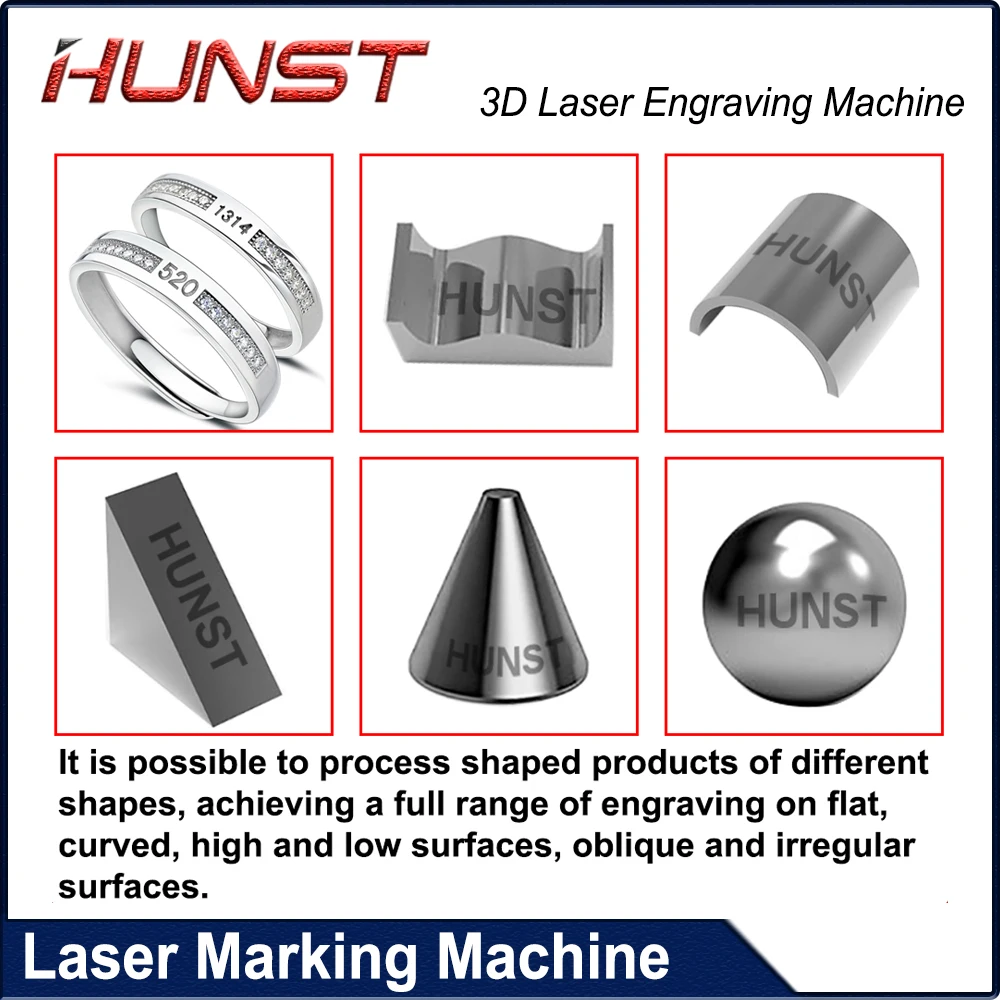 HUNST 3D fiber optic engraving machine JPT MOPA M7 60W 80W 100W laser for marking curved surfaces, reliefs and uneven products.