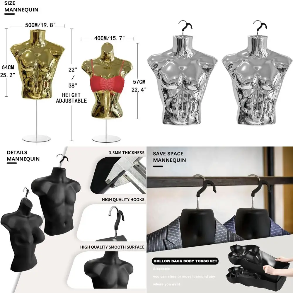 

4-пакет серебряного мужского манекена с полой задней частью, металлической подставкой и крючками для подвешивания