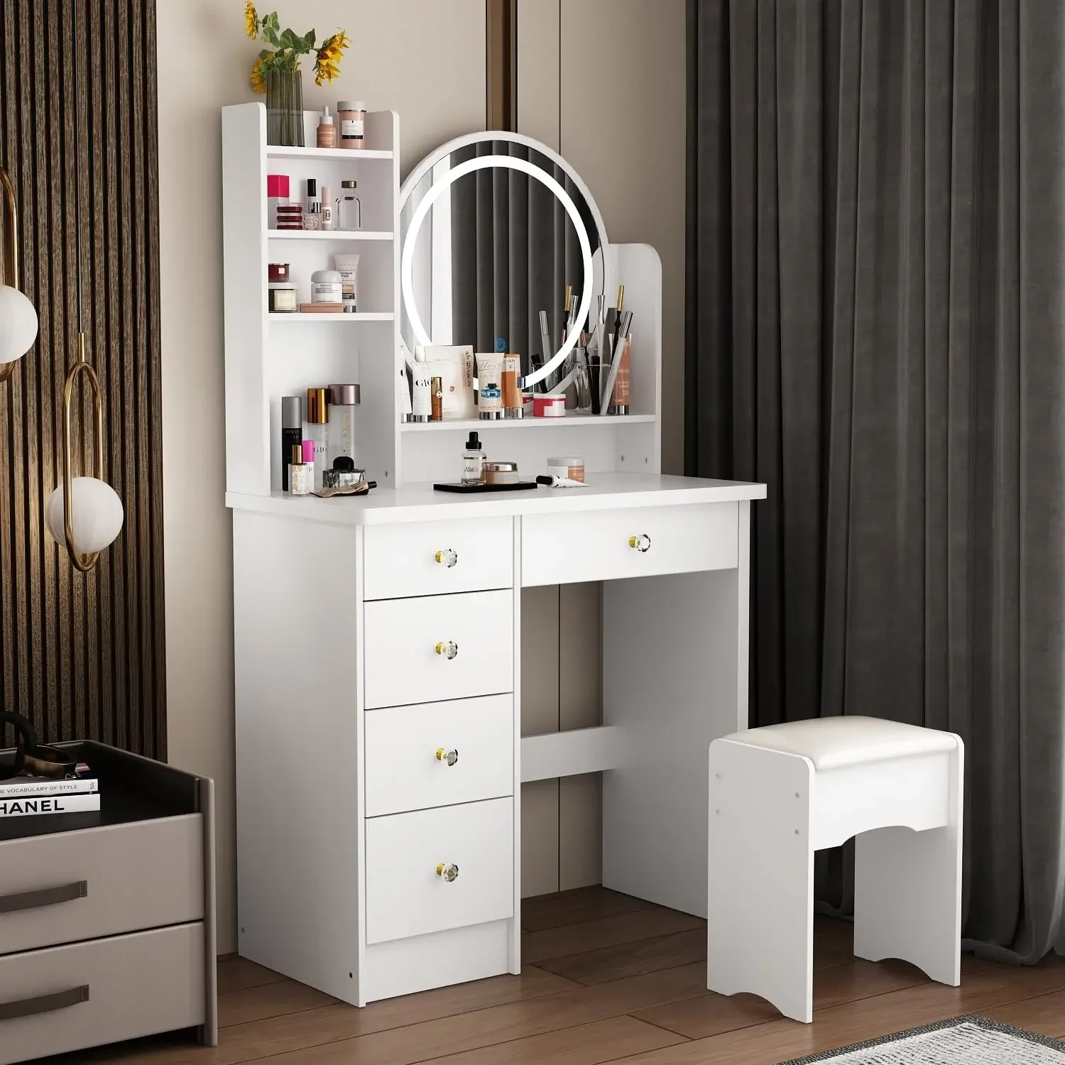 

Vanity Desk Set with LED Lighted Round Mirror, Makeup Dressing Table with 5 Drawers, Storage Shelves