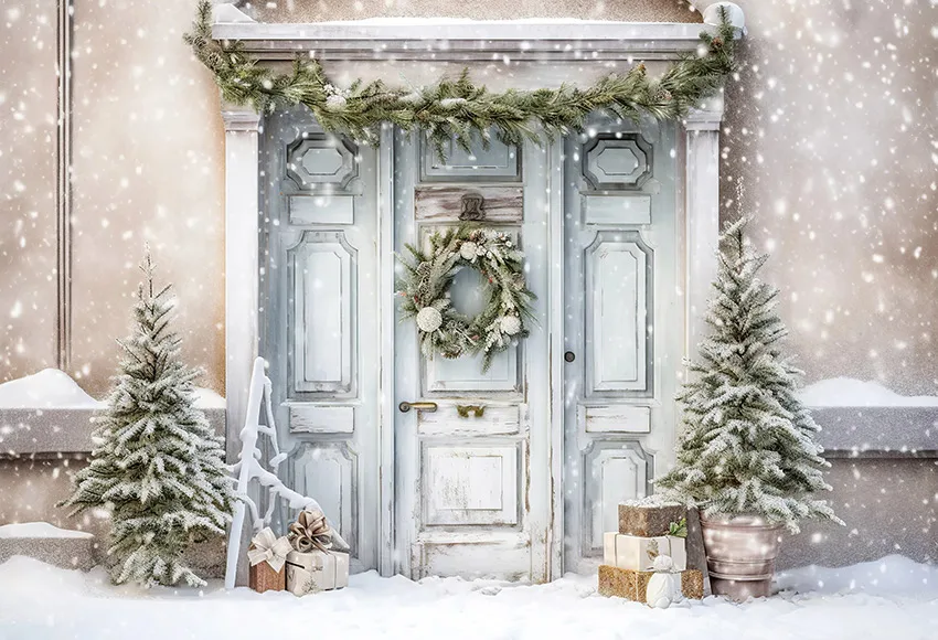 Mehofond Christmas Photography Background White Wooden Door Xmas Wreath Tree Snow Decor Kids Family Portrait Backdrop Studio