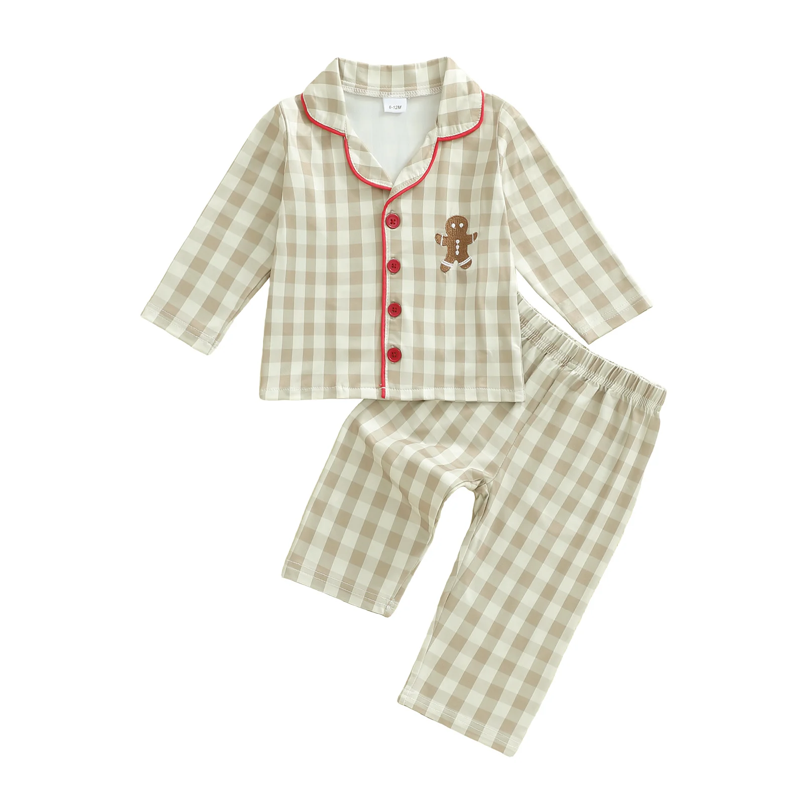 Infant Toddler Plaid Pajama Set with Christmas Gingerbread Embroidery Lapel V Neck Long Sleeve Top and Pants 2-Piece