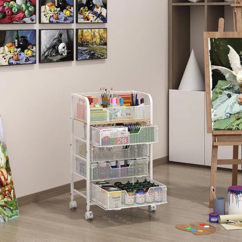 Five-tier wheeled cosmetic cart with drawers, lockable wheels, rolling mobile dressing room