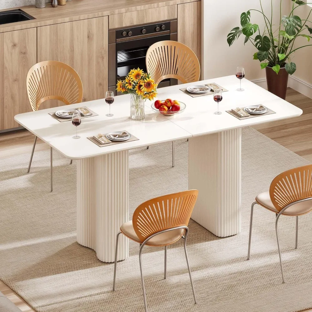 

63'' Dining Table for 4-6 People Modern Rectangular Kitchen Table with Solid Wave Curved Legs Large Cream White for Dining Room