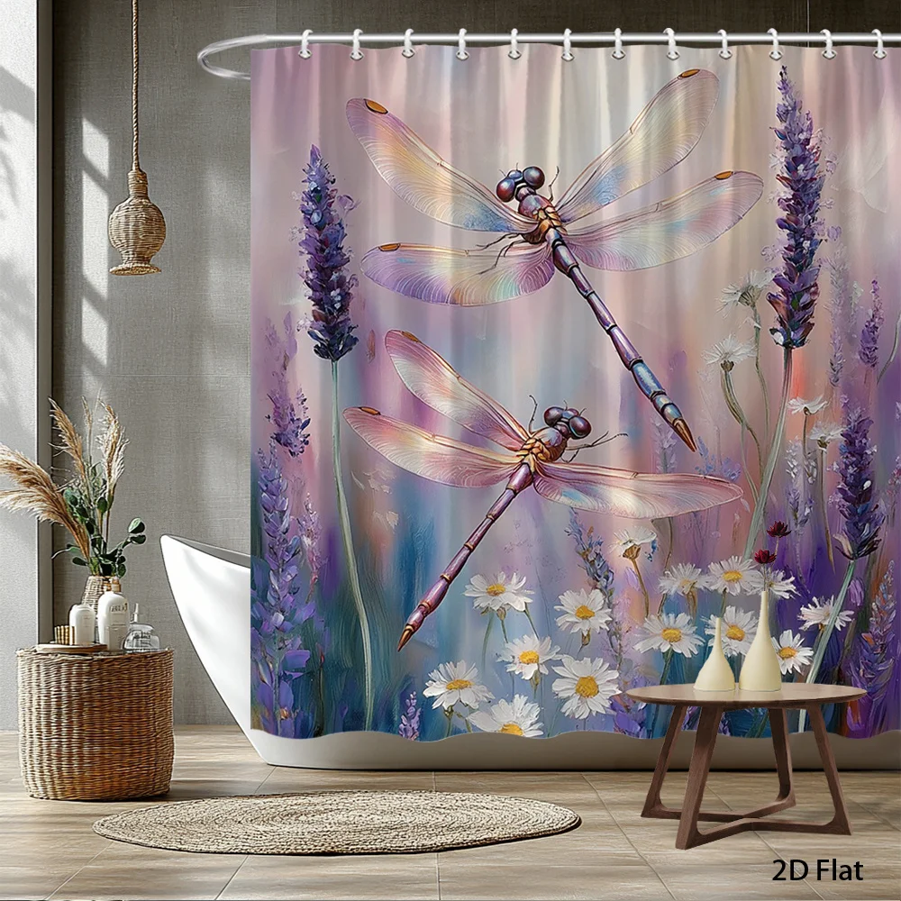 Watercolor Dragonfly Floral Shower Curtain Liner Boho Bathroom Decor Nature Pattern Waterproof Curtain 180x180cm