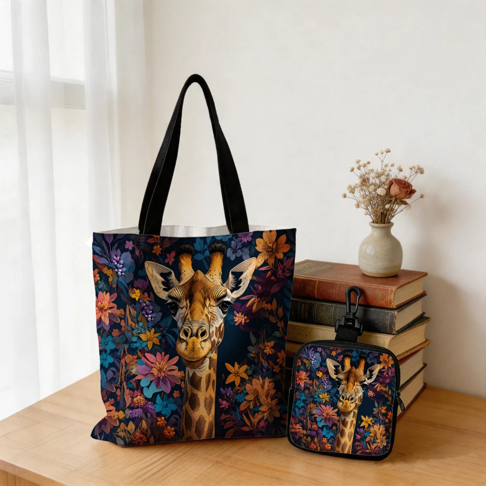 Floral Giraffe Botanical Print Tote Bag Set - Durable Reusable Canvas Tote with Small Coin Pouch, Perfect Gift for Giraffe Lover