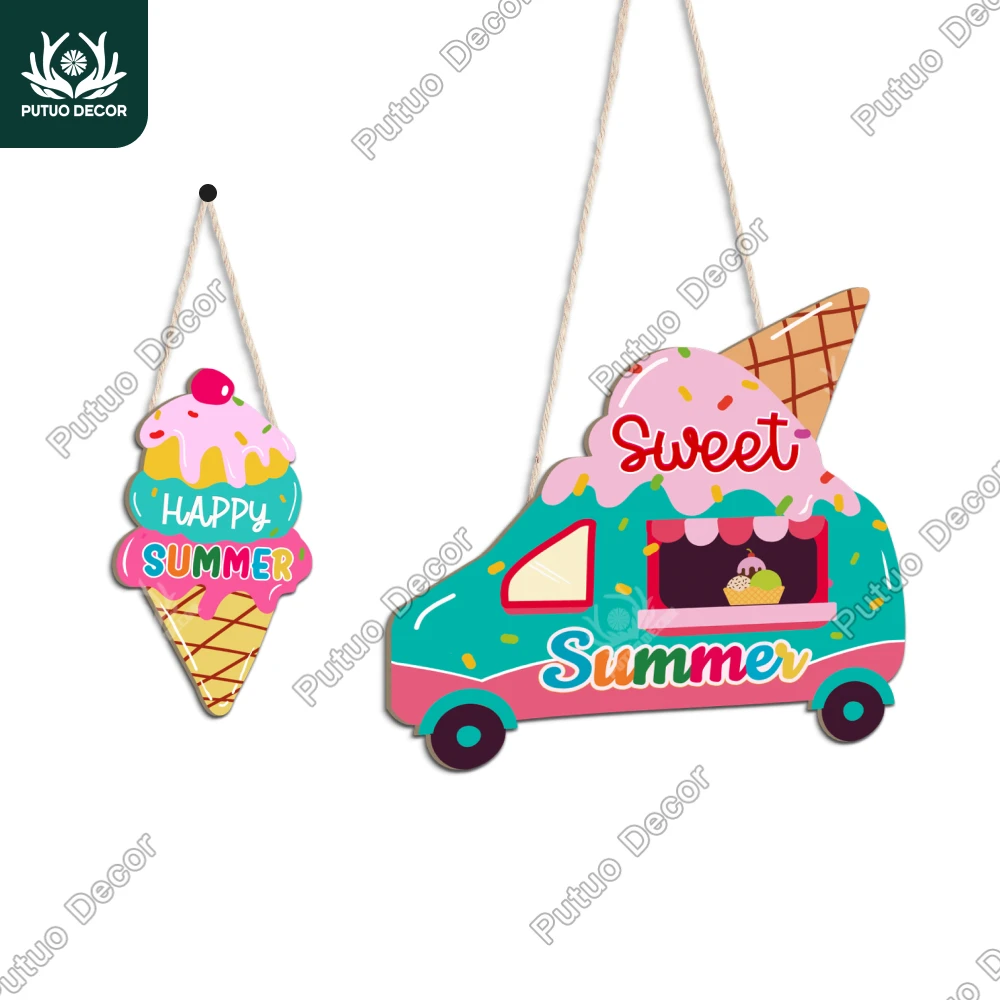 

Putuo Decor-wooden hanging plaque, 2 pieces of ice cream, happy summer, family, beach pool, coffee shop