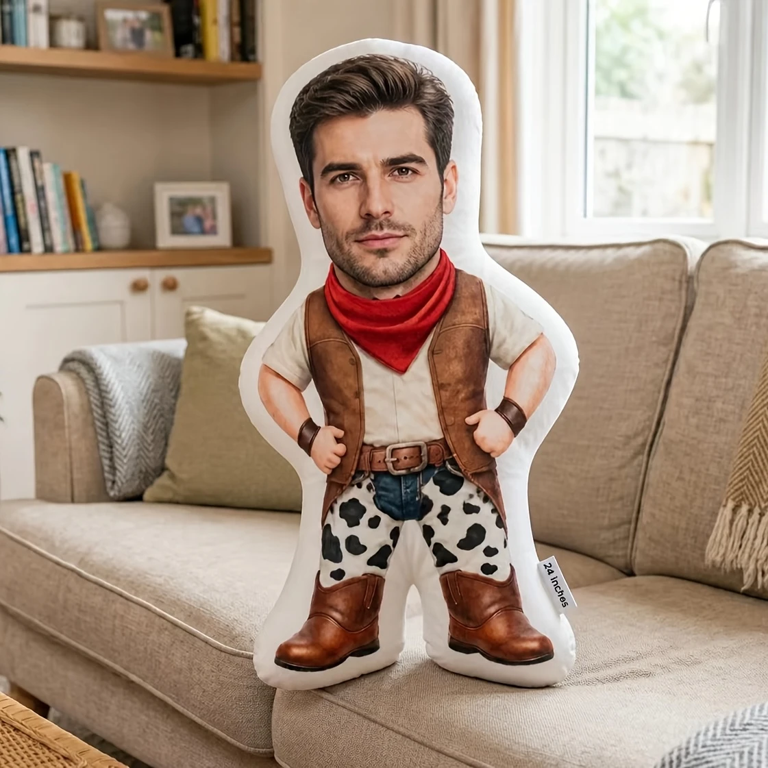 1pc - Customized Throw Pillow, Custom Cowboy Face Pillow, Personalized Photo Cushion, Western Style Gift for Valentine'S Day, Bi