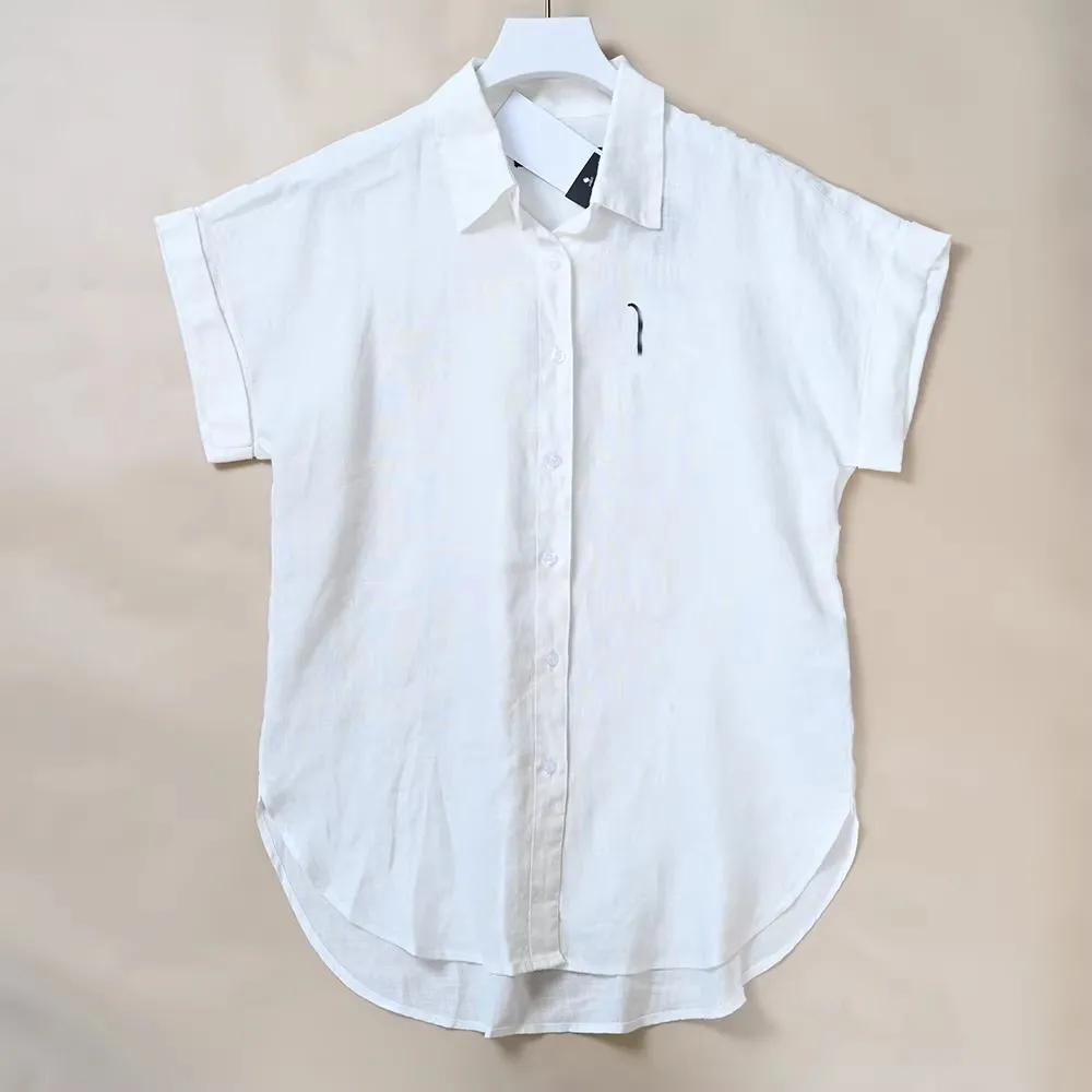 

Ladies Embroidered Short Sleeve Linen Shirt Shoulder Continuation Cuff Loose Fit Spring Season Casual Women's Fashion