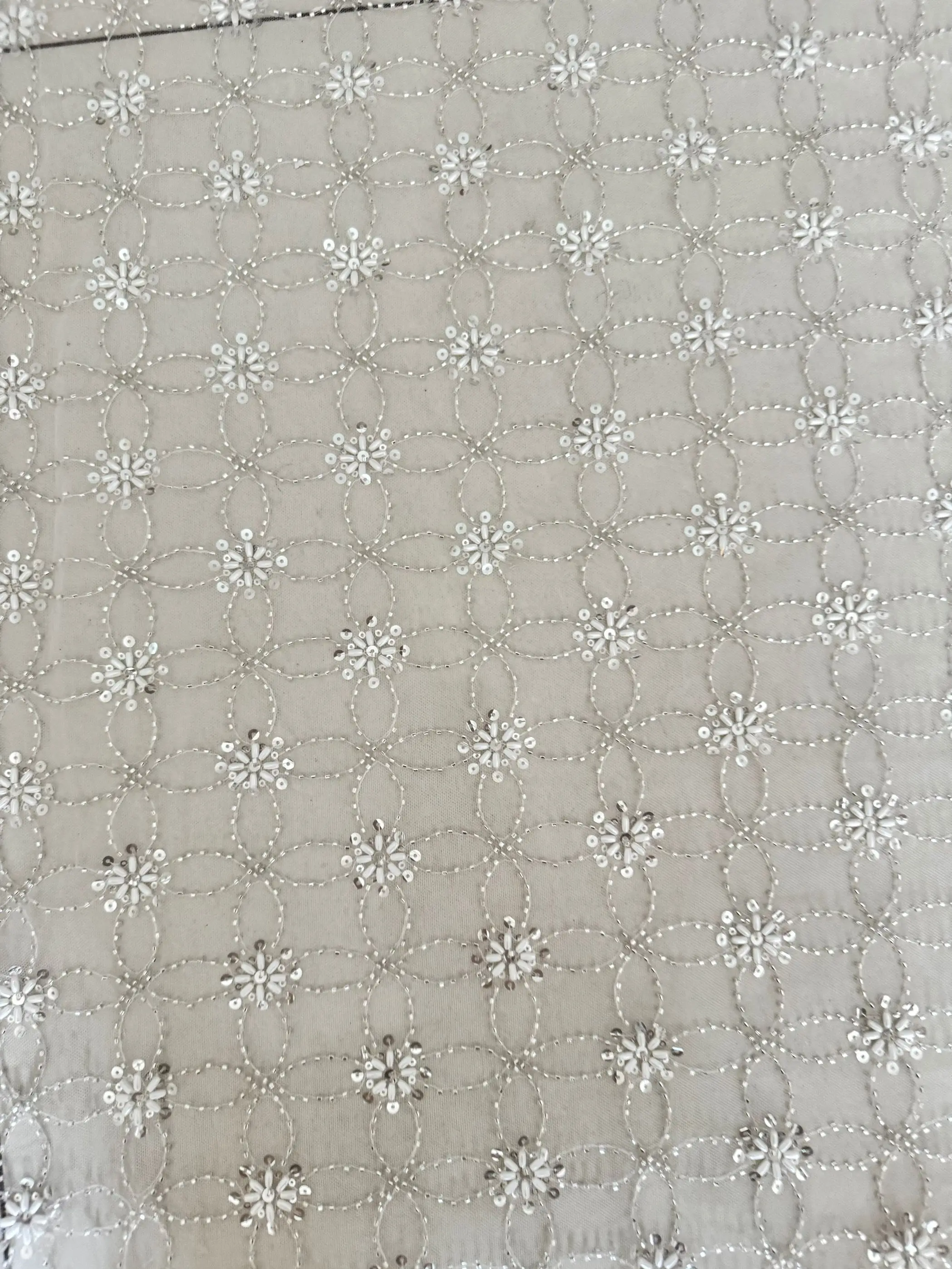 White Wedding Dresses Bridal Evening Party Material Silver Diamond Square Sequin Pearl Tube Bubble Embroidered Fabric