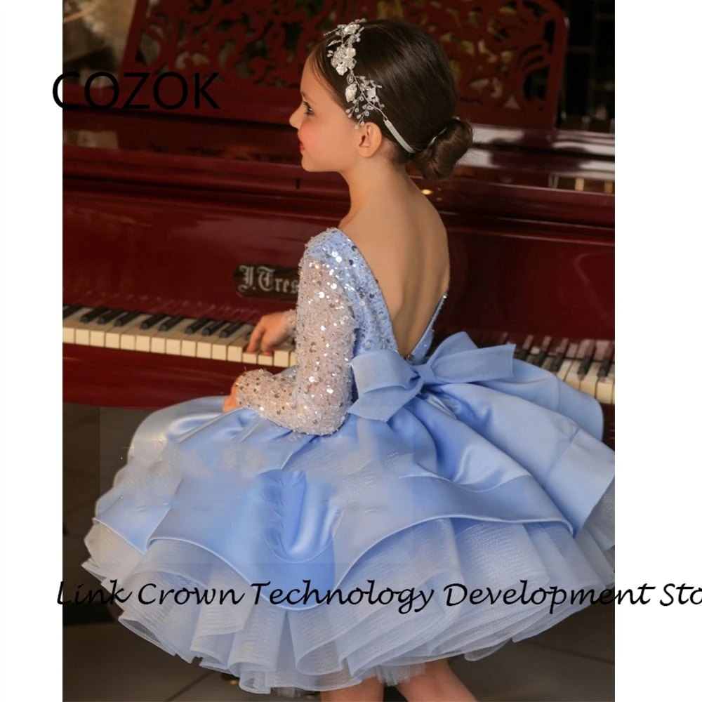 COZOK Sky Blue Flower Girls Dresses with Sequined 2024 A Line Knee Length Full Sleeve Wedding Party Dresses Summer فلور فتاة الل