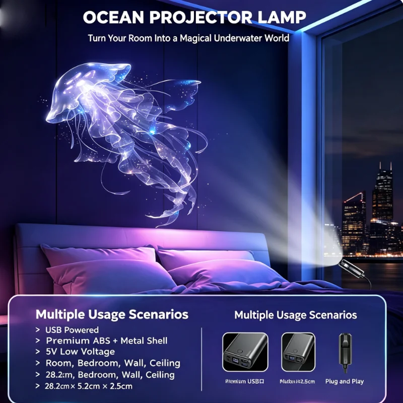 USB Galaxy Projector Light 6pcs Projection Patterns Jellyfish Butterfly Whale Pattern Nightlight Home Car Party Starry‑Sky Light
