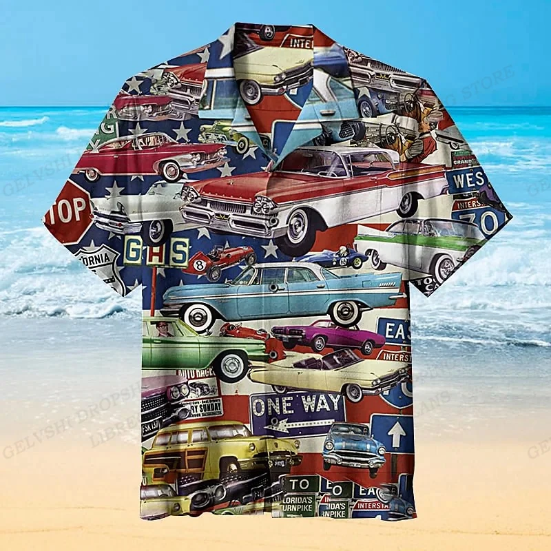 Camisa estampada para carros havaianos masculina, blusa de praia casual, lapela vocacional, moda motocicleta