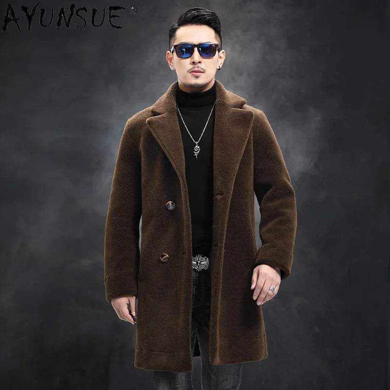 AYUNSUE Winter Wool Coat Warm Sheep Shearing Long Coats and Jackets Double-sided Wear Autumn Clothing Men's Overcoat 6XL WPY4437