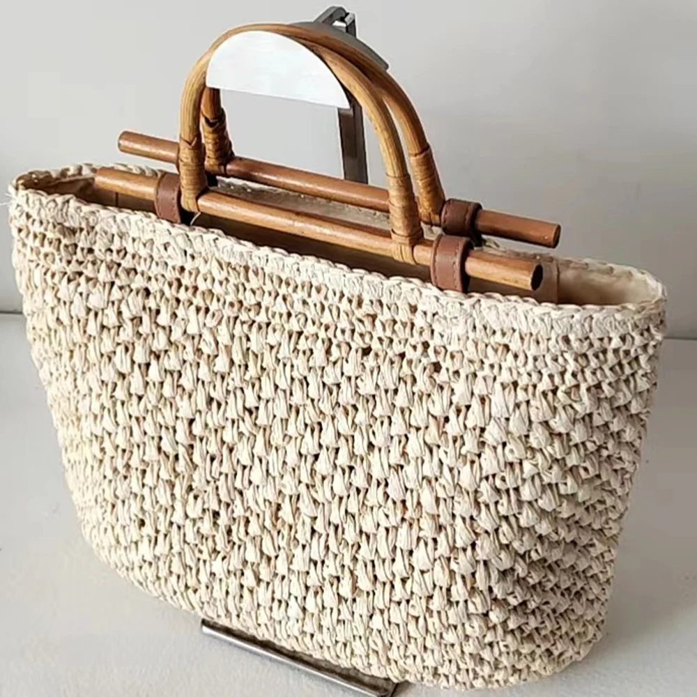 Wooden Handle Straw Bag Handmade Paper Rope Woven Handbags Bohemian Bali Travel Beach Bags for Women 2024 Hollow Shopper Tote