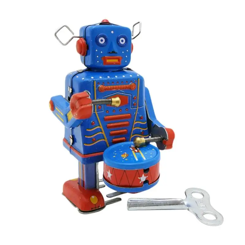 

Retro Wind Up Toys Drumming Robot Wind Up Toys Portable Antique Swinging Toys Blue Clockwork Toys For Tabletop Bookshelf Bedroom