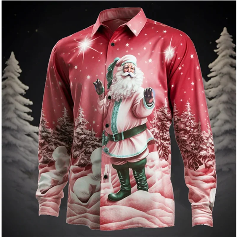 2024 New Year\'s Gift Santa Claus Casual Men\'s Shirt Autumn and Winter Long Sleeve Light Blue XS-6XL Stretch Fabric Shirt