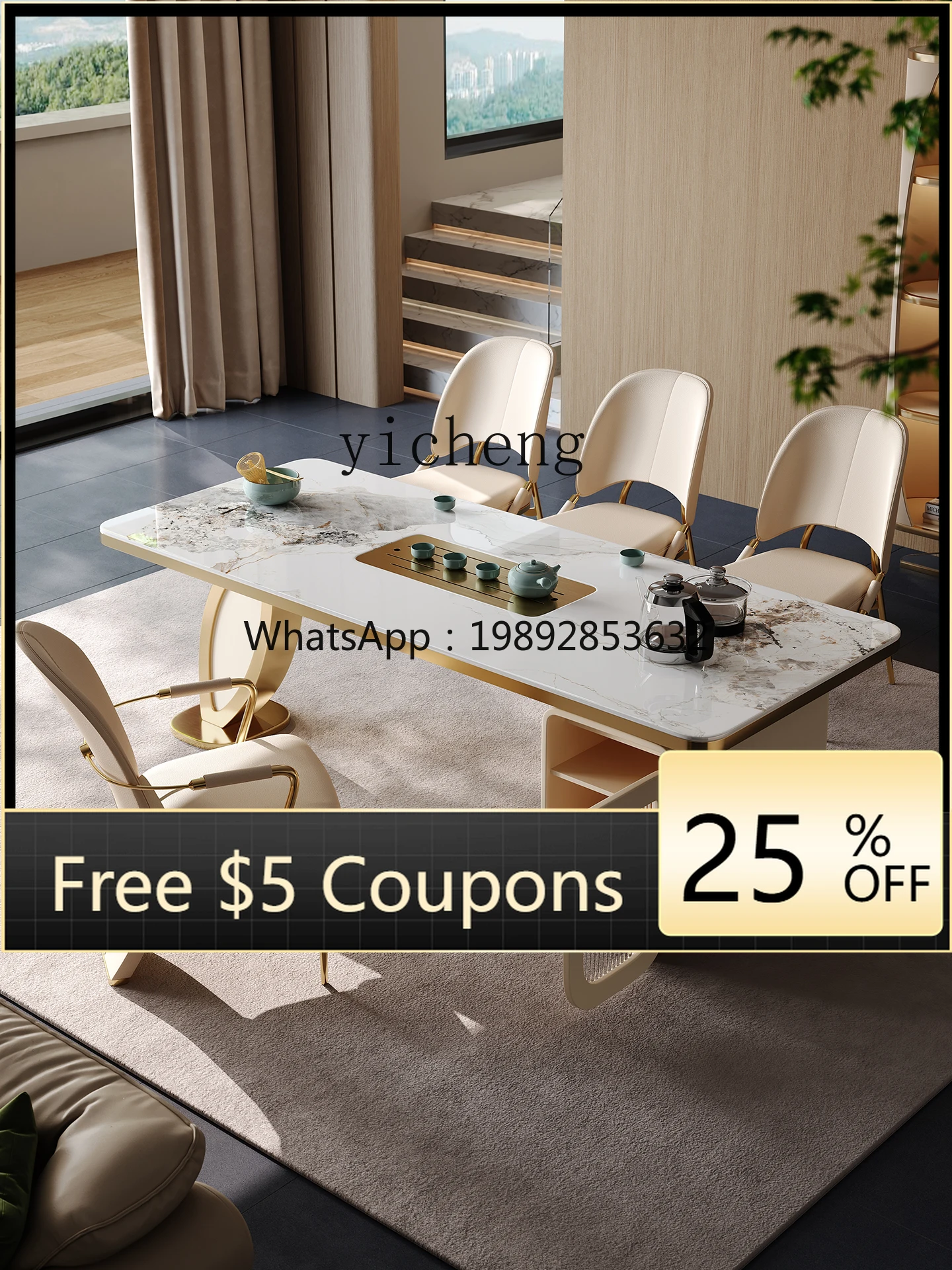 

Rock Slab Tea Table and Chair Set for Home Use with Integrated Kettle