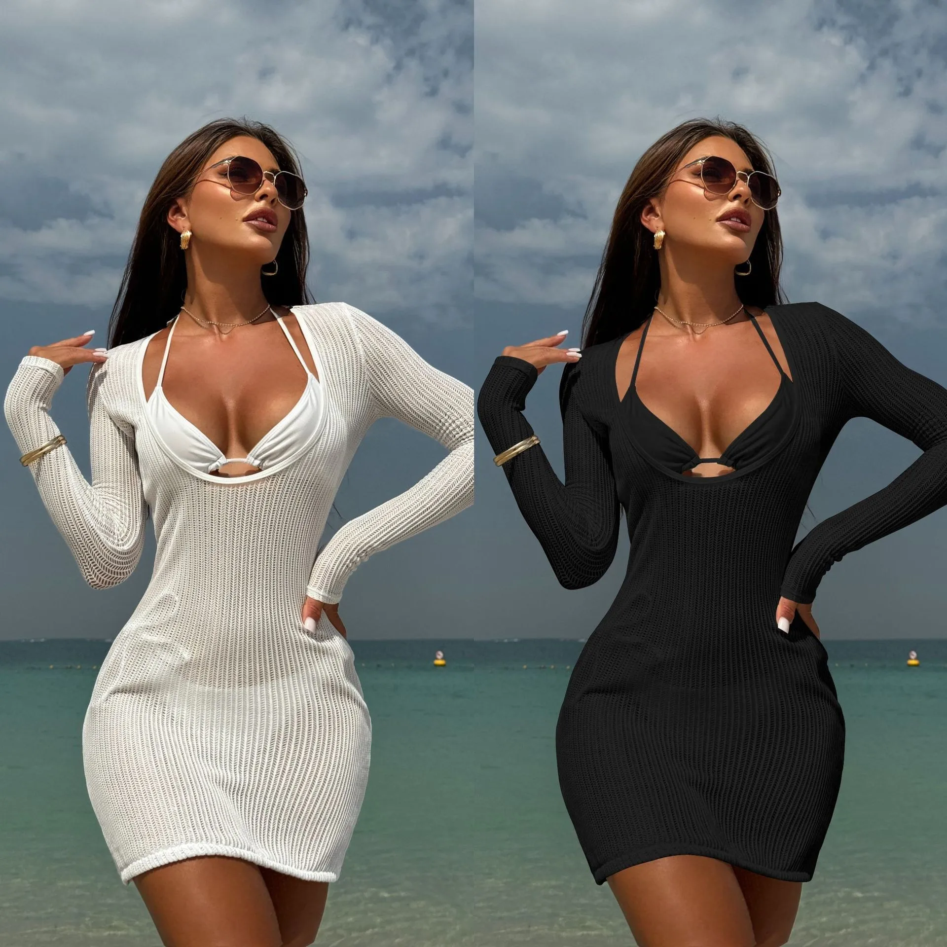 

2026 Bikini Woman 2026 Solid Color Halter Neck Top Tie Side Bottoms Sheer Mesh Overlay Deep V Neck Two Piece Women's Beach