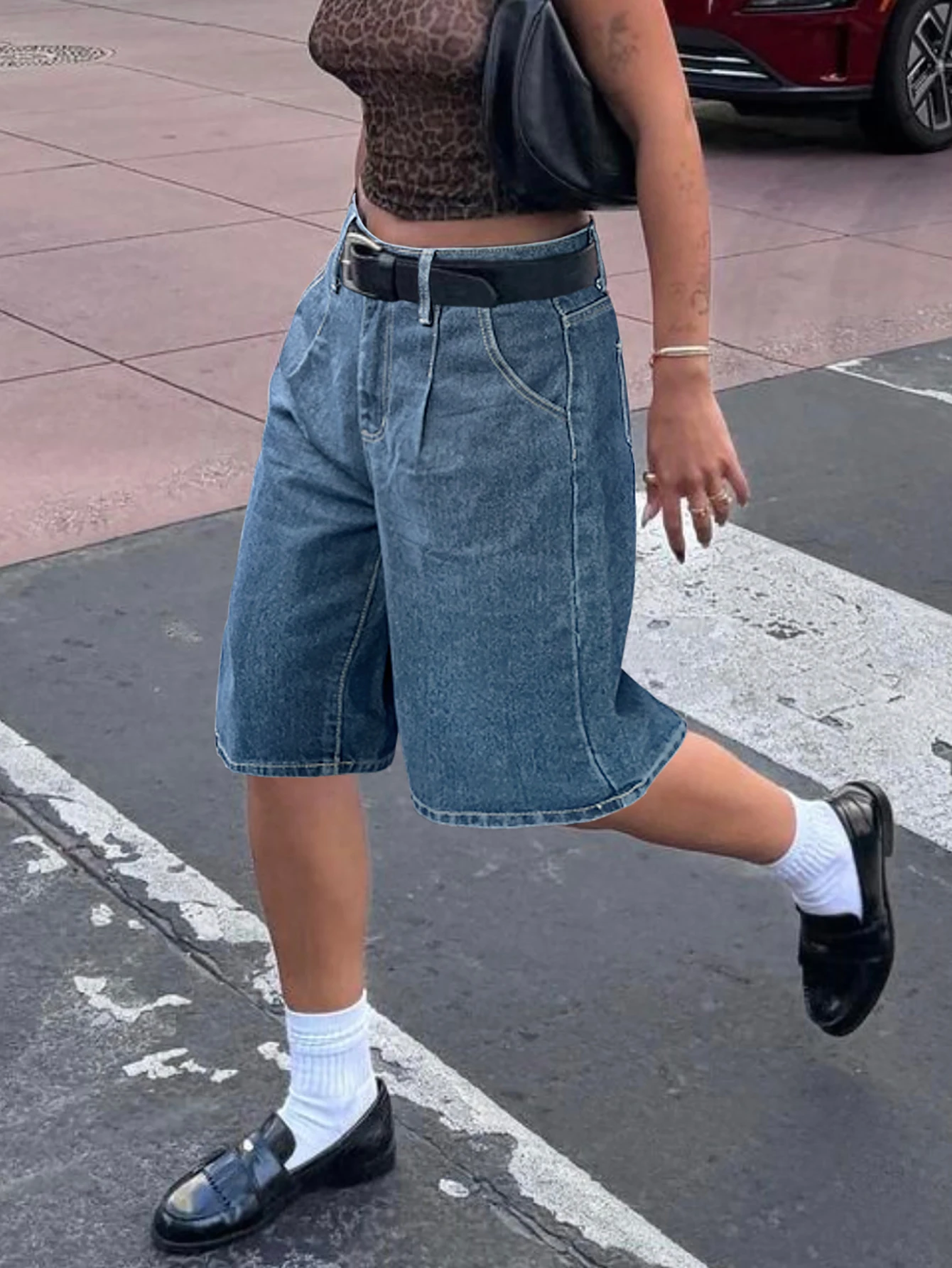 Y2K Street geplooide bermuda denim shorts hoge taille schuine zak losse pasvorm jorts casual comfortabele gewassen jeansshorts