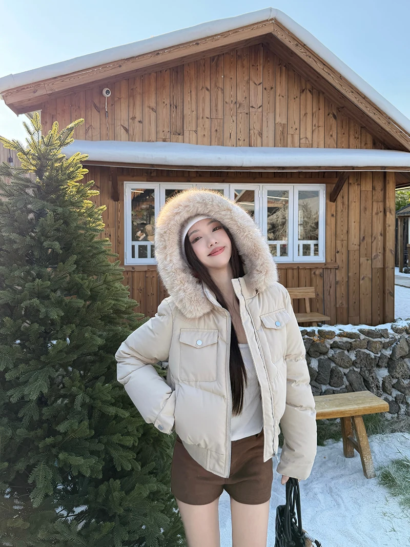 

Korean Sle ort Plu Hooded Stand Collar Cotton Jaet Women's Winter Casual Slimming Outerwear Faionable Zipper Closure