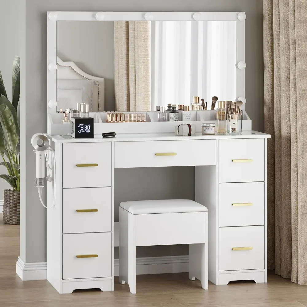 Makeup Vanity with Large Lighted Mirror and Chair, 7 Drawers White Vanity Makeup Desk Table with Power Strip, Adjustable