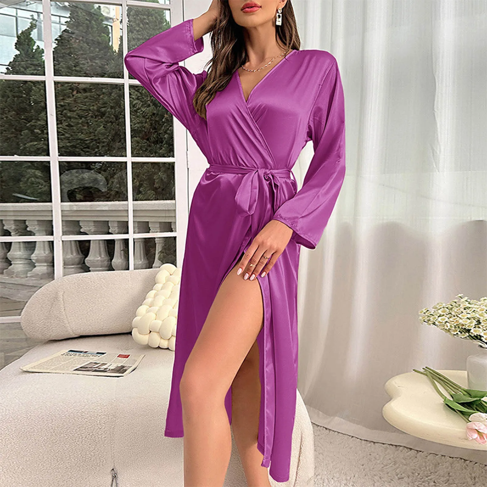 Solid Color Satin Night Robe Sexy Breathable Sleepwear For Womens Home Cardigan Lady pajama Elegant V Neck House Robe With Belt