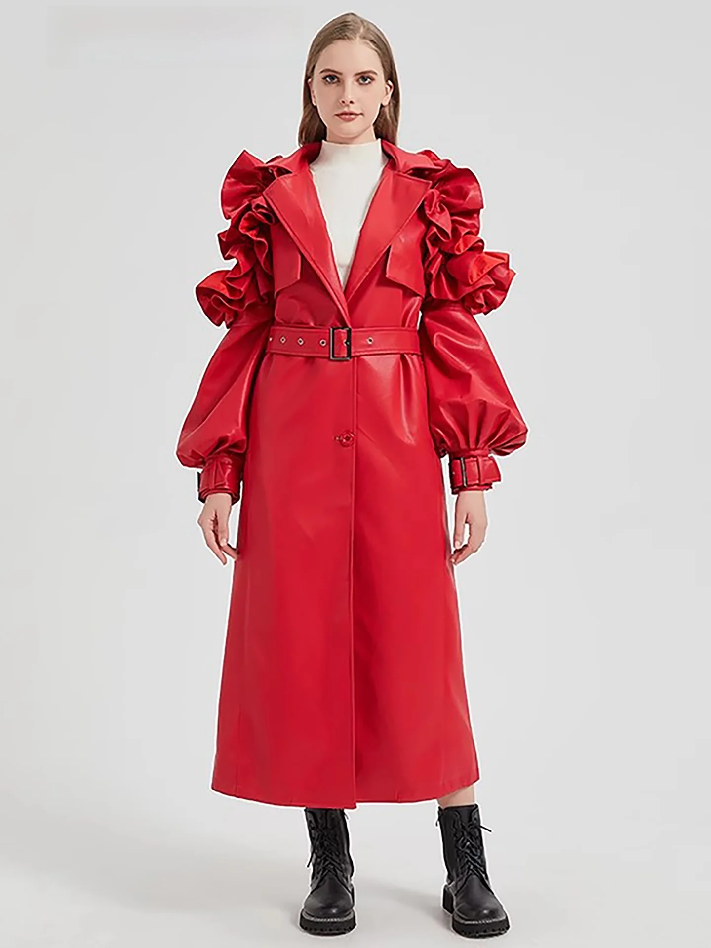 Giacca in Pelle PU da Donna Nerazzurri a Maniche Lunghe, Cappotto Lungo Rosso con Orlo in Pizzo, Vestibilità Ampia, Stile Casual Chic