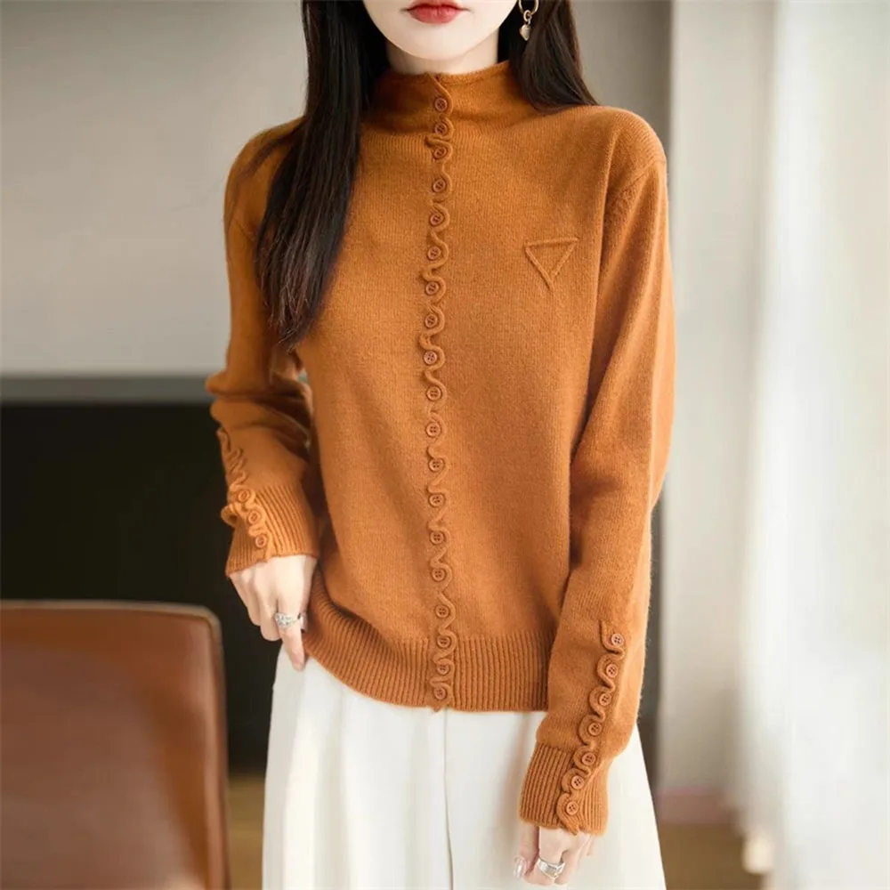 

Half-High-Necked Pullover Fashion Solid Color lace Buckle Sweater Women's Loose Knitwear Sweater Autumn Winter Bottoming Shirt