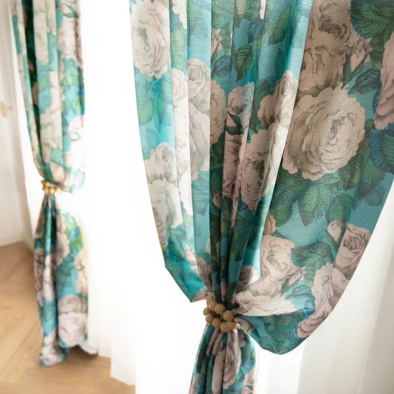 Vintage Green White Rose Printed Cotton Linen Curtains for Living Room French Window Customized Finished Partition Curtain