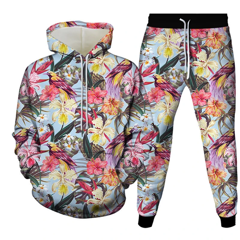 패션 플로럴 플라워 3D 프린트 후드티 팬츠 세트 남성 스웨트셔츠 스웨트팬츠 스트리트웨어 투피스 수트 트랙수트 남성 의류