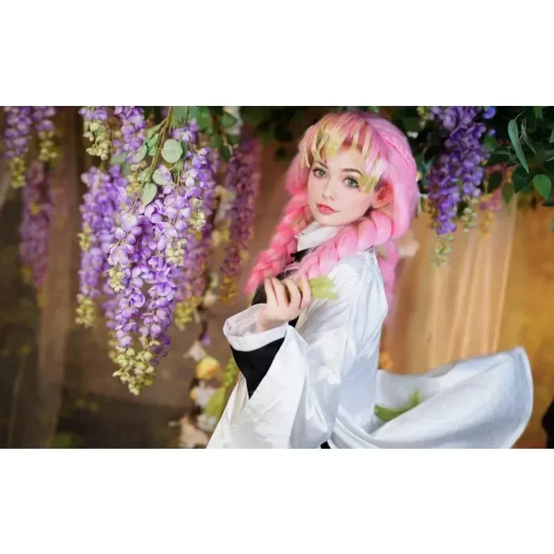 شعر مستعار لـ Mitsuri Cosplay Ds باللونين الأخضر والوردي مع غطاء لحفلة الهالوين التنكرية