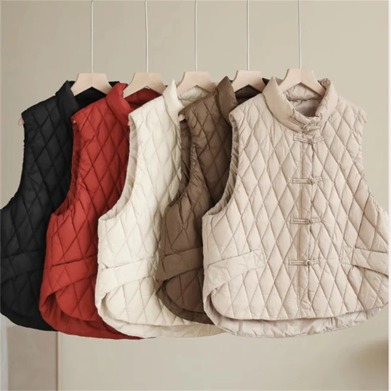 

Зимний винтажный жилет на пуху с лягушкой, женский теплый легкий тонкий белый жилет на утином пуху, женское короткое пальто без рукавов, парки на бретелях