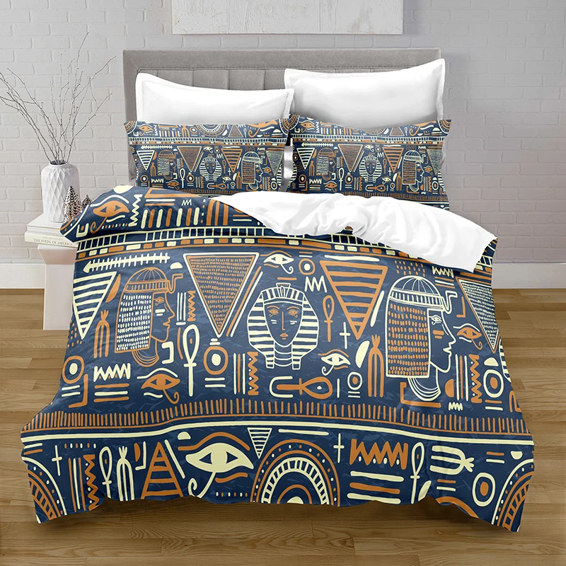 Grey Blue Bedding Set Egyptian Symbol Duvet Cover with Pillow Cover Bedding Single Double Twin Full Queen King Boho Beding Set