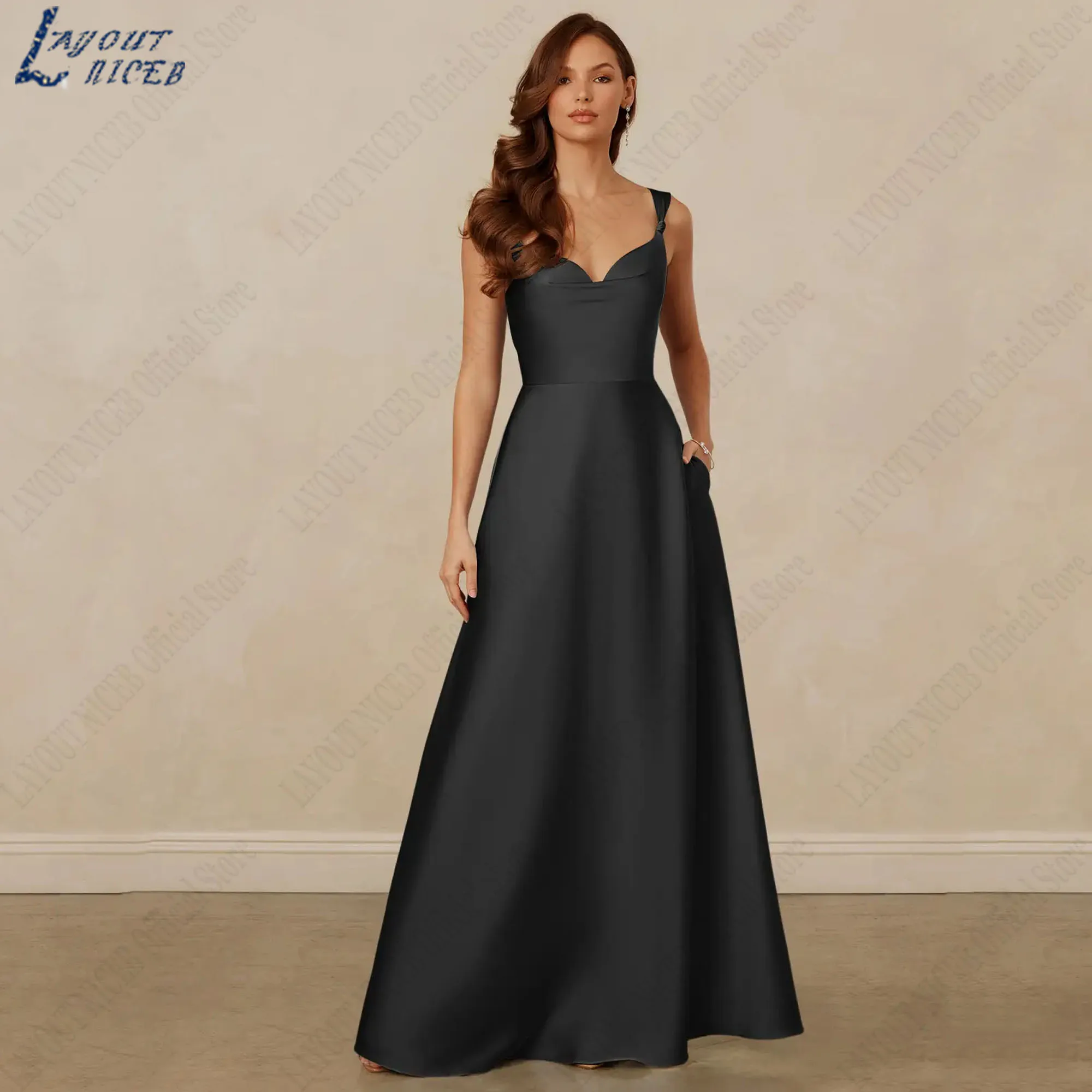 

EVON BRIDAL Black Satin Classic Evening Gowns Sweetheart Sleeveless A-Line Celebrity Red Carpet Dresses Floor Length Customized