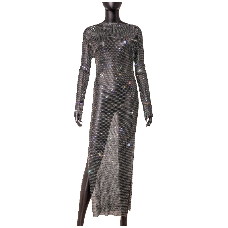 Hochwertiges langes Kleid für Damen mit funkelnden Strass-Steinen, Fischnetz, Rundhalsausschnitt, lässiges Tanzkleid, ausgehöhlt, für Nachtclub-Partys – Detail 9