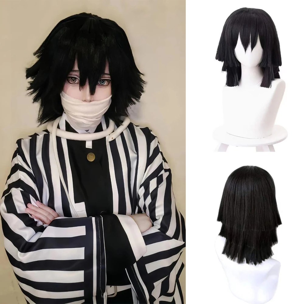 High-Quality Demon Slayer Iguro Obanai Cosplay Anime Composite Hair, Black Layered 16-Inch Halloween Carnival Daily Party Wig