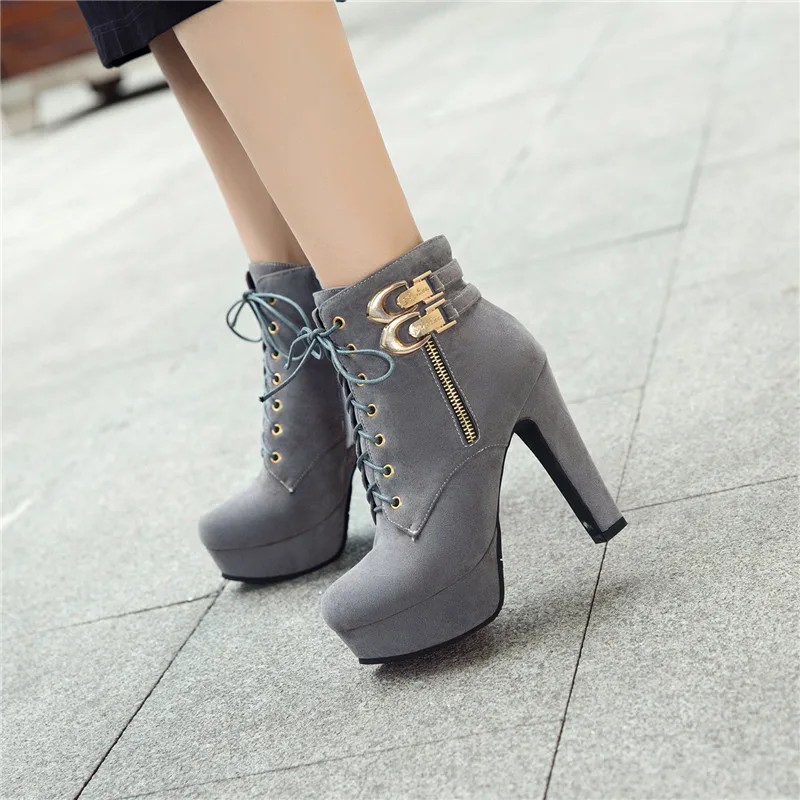 Women High Heel Ankle Boots Platform High Heels Shoes Fashion Round Toe Buckle Fall Winter Suede Women Short Black Size 34-48