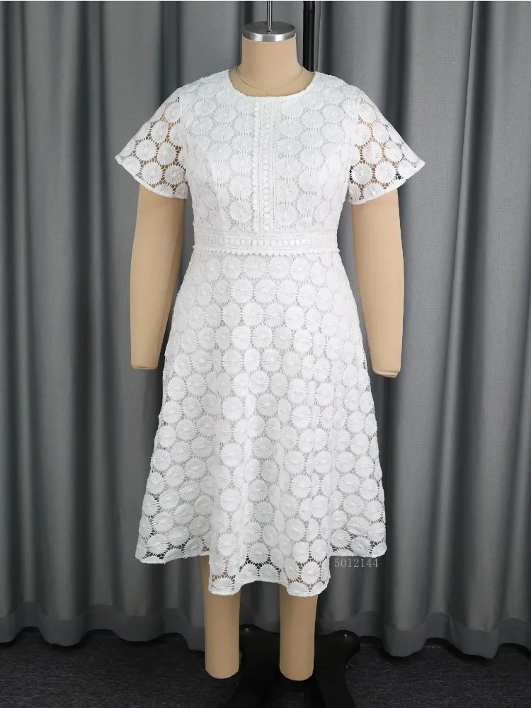 White Lace Hollow Out Elegant O Neck Short Sleeve Patchwork A Line Dress for Women Casual Midi Party Wedding Guest Dresses
