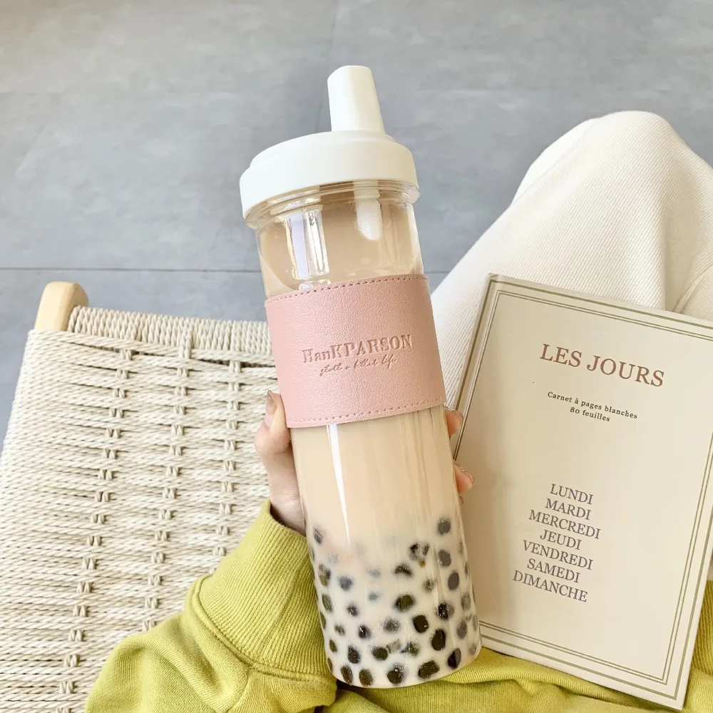 850ML Cute Pearl Milk Tea Straw Plastic Water Bottle with Cup Cover Women Large Capacity Juice Boba Milk Cup Drop-proof