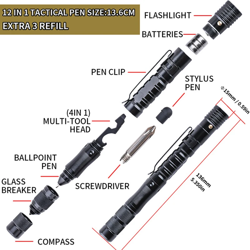 Tactical Pen Self-Defense Pens LED Tactical Flashlight with Ballpoint Pen, Window Glass Breaker, Whistle, Multi Tool Pen