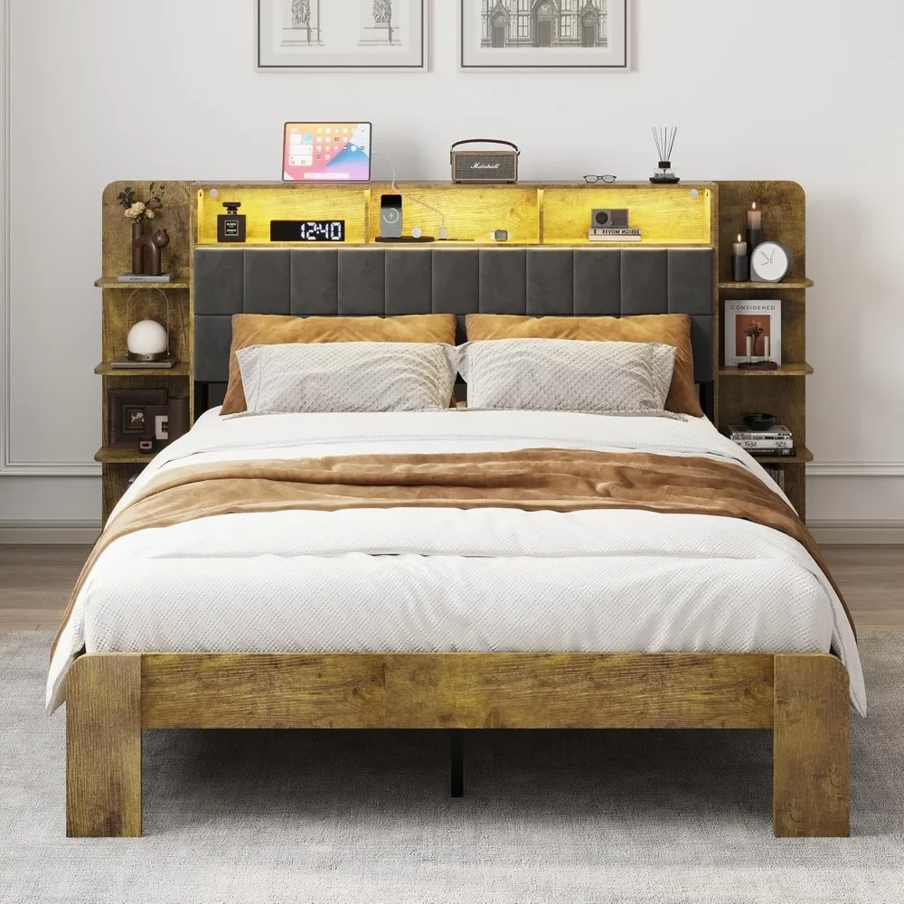 Queen Bed Frame with Linen Headboard, Platform Bed with LED Lights & Charging Station, Bedframe with Storage & Bookcase Shelves