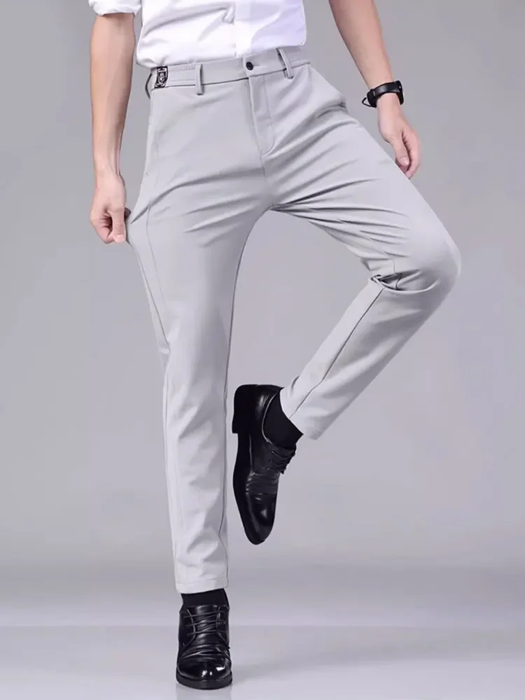 Pantalones informales para hombre, semielástica pretina, nailon, seda de hielo, tubo recto, gris claro, hombre de negocios, verano, informal