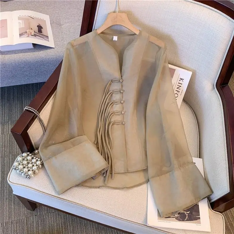 

2025 новый китайский стиль v-образным вырезом сетчатый шифоновый ретро элегантный женский костюм Тан блузка летняя новая солнцезащитная повседневная блузка с длинными рукавами