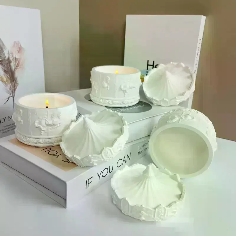 Round Carousel Concrete Candle Cup Aromatherapy Gypsum Storage Box Silicone Mold Plaster Crafts Home Decoration Resin Jar Mould - view 4