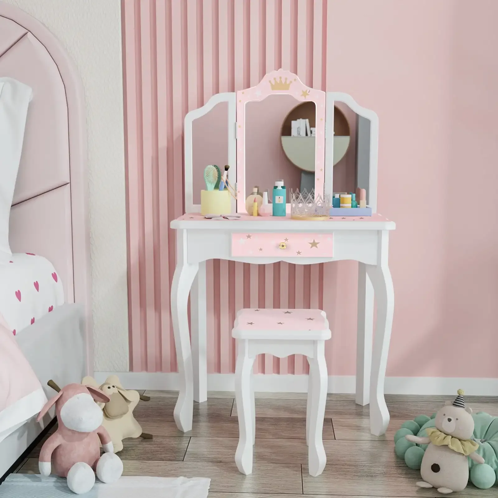 

Kids Vanity Table and Stool for Makeup Dressing with Mirrors Drawers, White