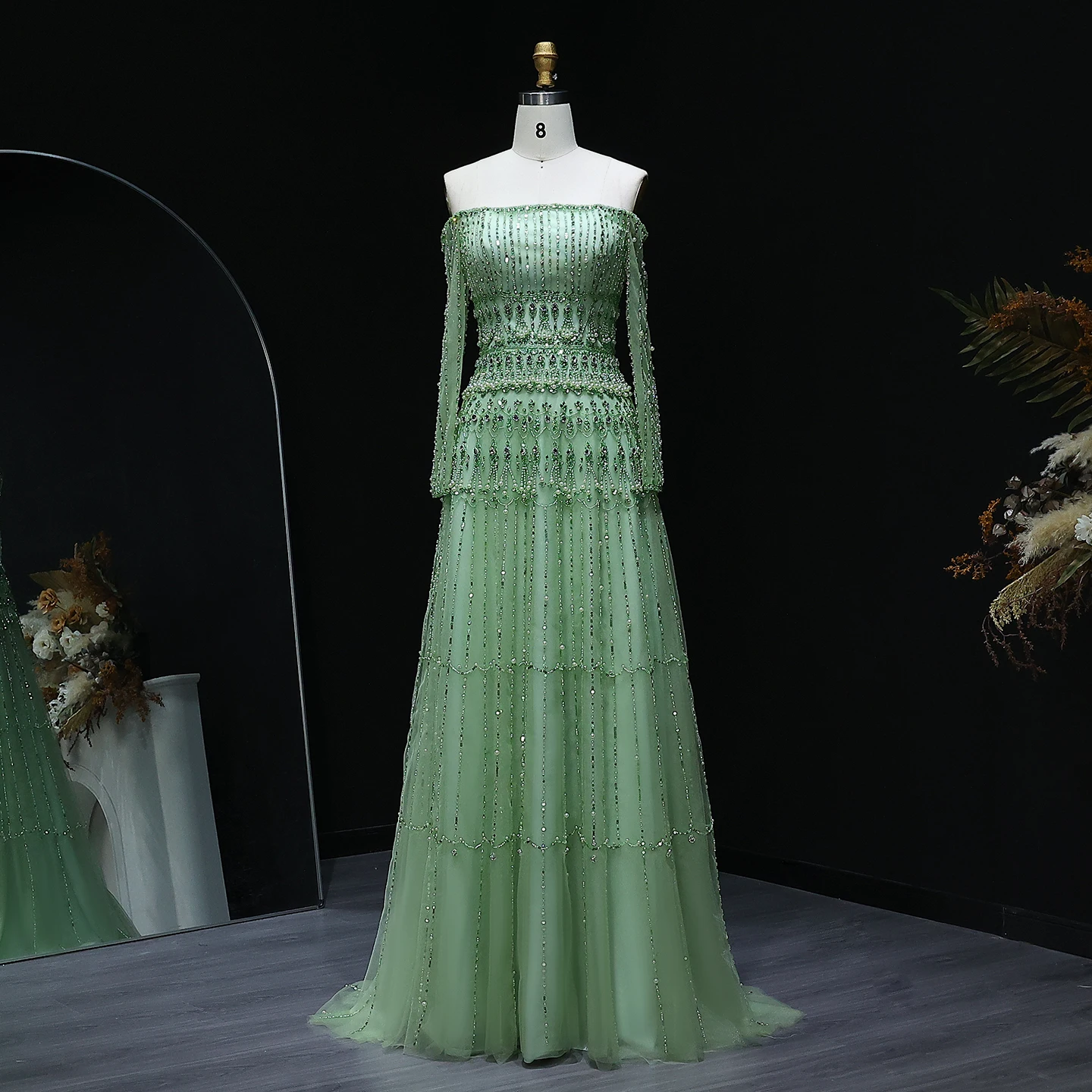 Sharon Said Evening Dress Luxury A-Line Off Shoulder Tulle Crystal Pearl Beaded Elegant Dubai Formal Party Gown SS588 Customized