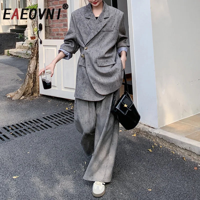 

EAEOVNI 2025 Office Lady Women Two Piece Set Irregular Button Blazer Coat + Wide Leg Long Pants Fashion New Clothing Temperament