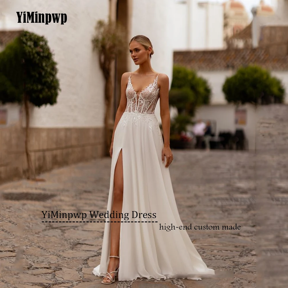 Vestidos de novia de playa con abertura lateral, apliques de gasa, vestidos de novia bohemios, vestidos de novia con espalda descubierta, tren de barrido personalizado