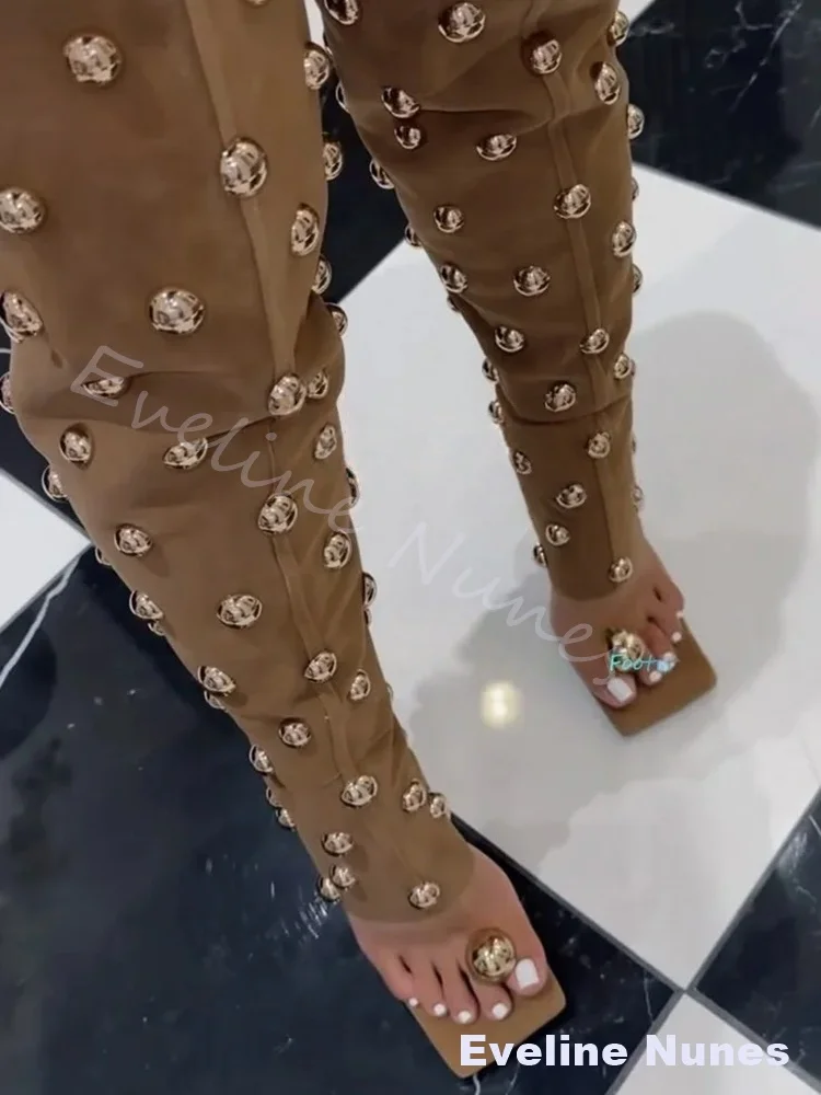 

Metal Beads Flip Flops Denim Boots Women Square Toe Stiletto Heel Back Zipper Peep Toe High Heels Fashion Punk High Heels Boots