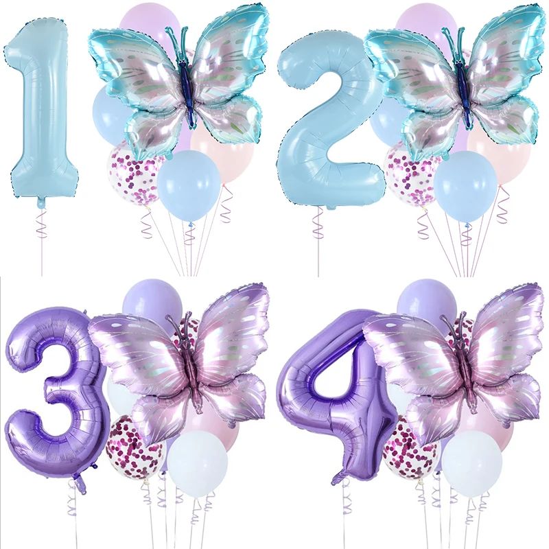 

10Pcs/set Butterfly Balloons with 40inch Baby Blue Purple Giant Number Balloons for Birthday Baby Shower Party Decorations